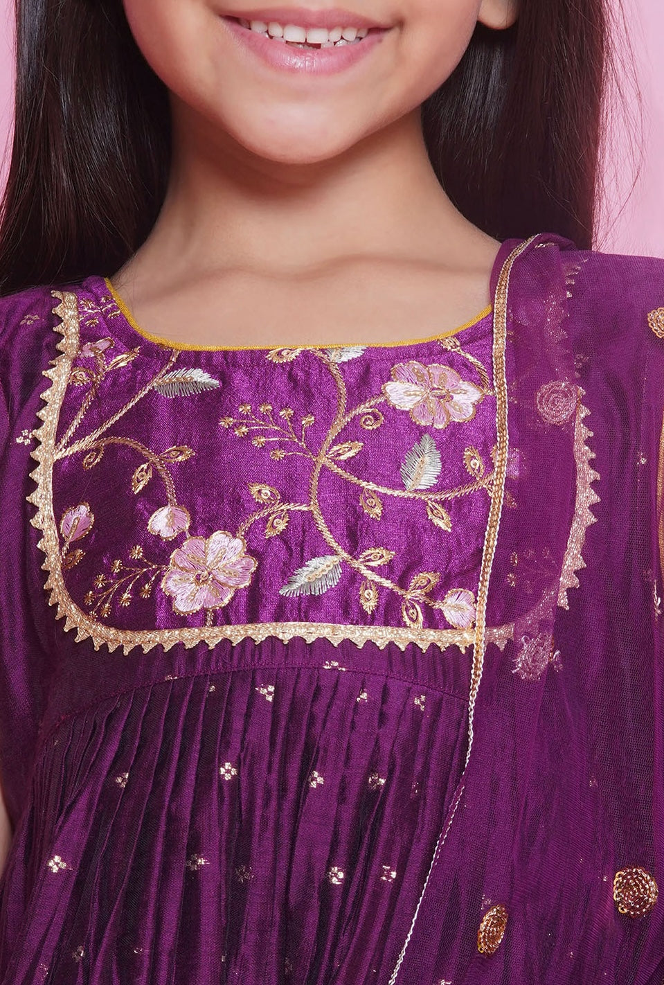 Girls Chanderi Sharara Set with Dupatta - Purple - Mitthu Kids Ethnic Wear
