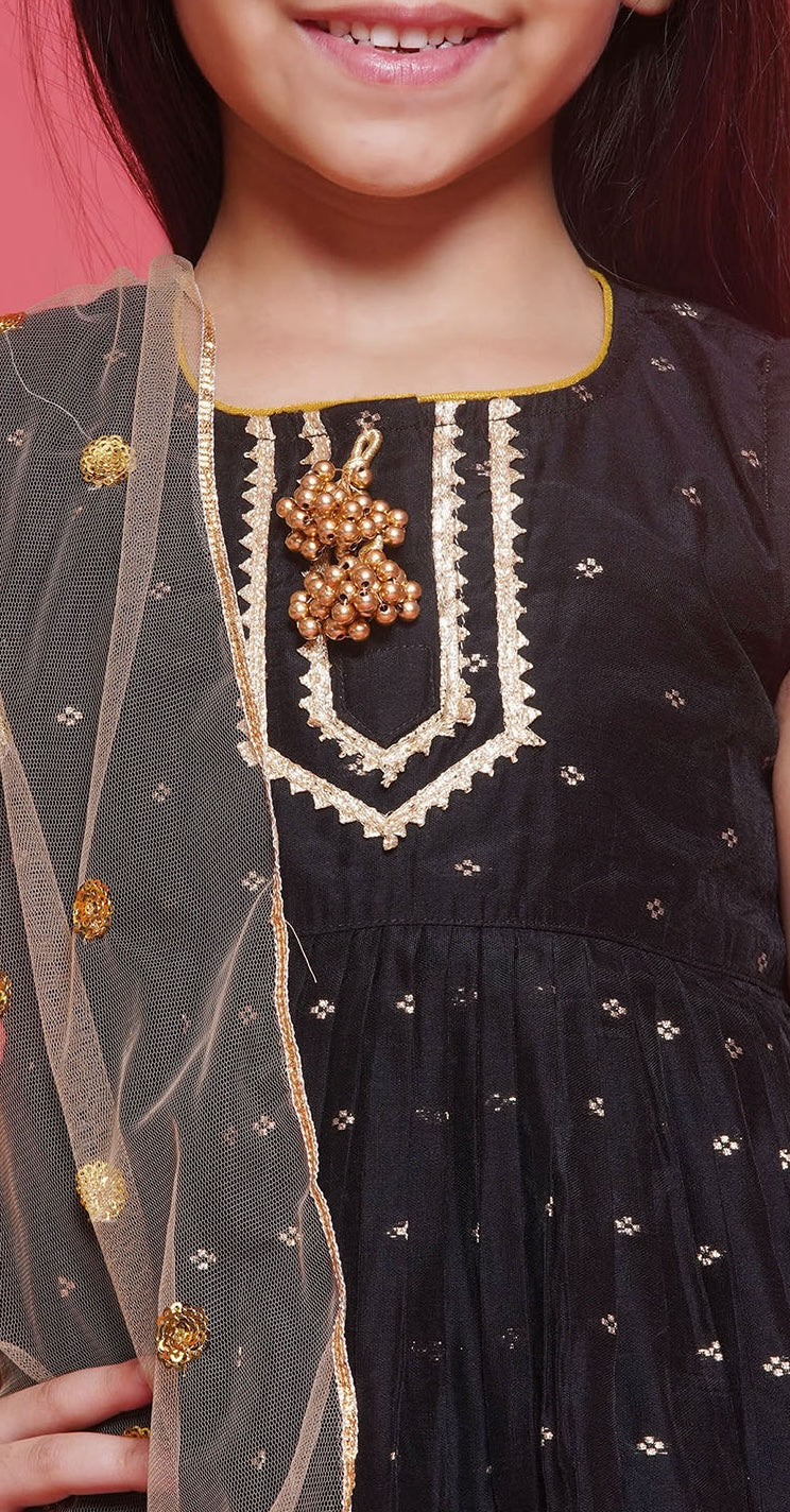 Girls Chanderi Silk Frock Style Kameez with Plazzo & Dupatta - Black & Gold - Mitthu Kids Ethnic Wear