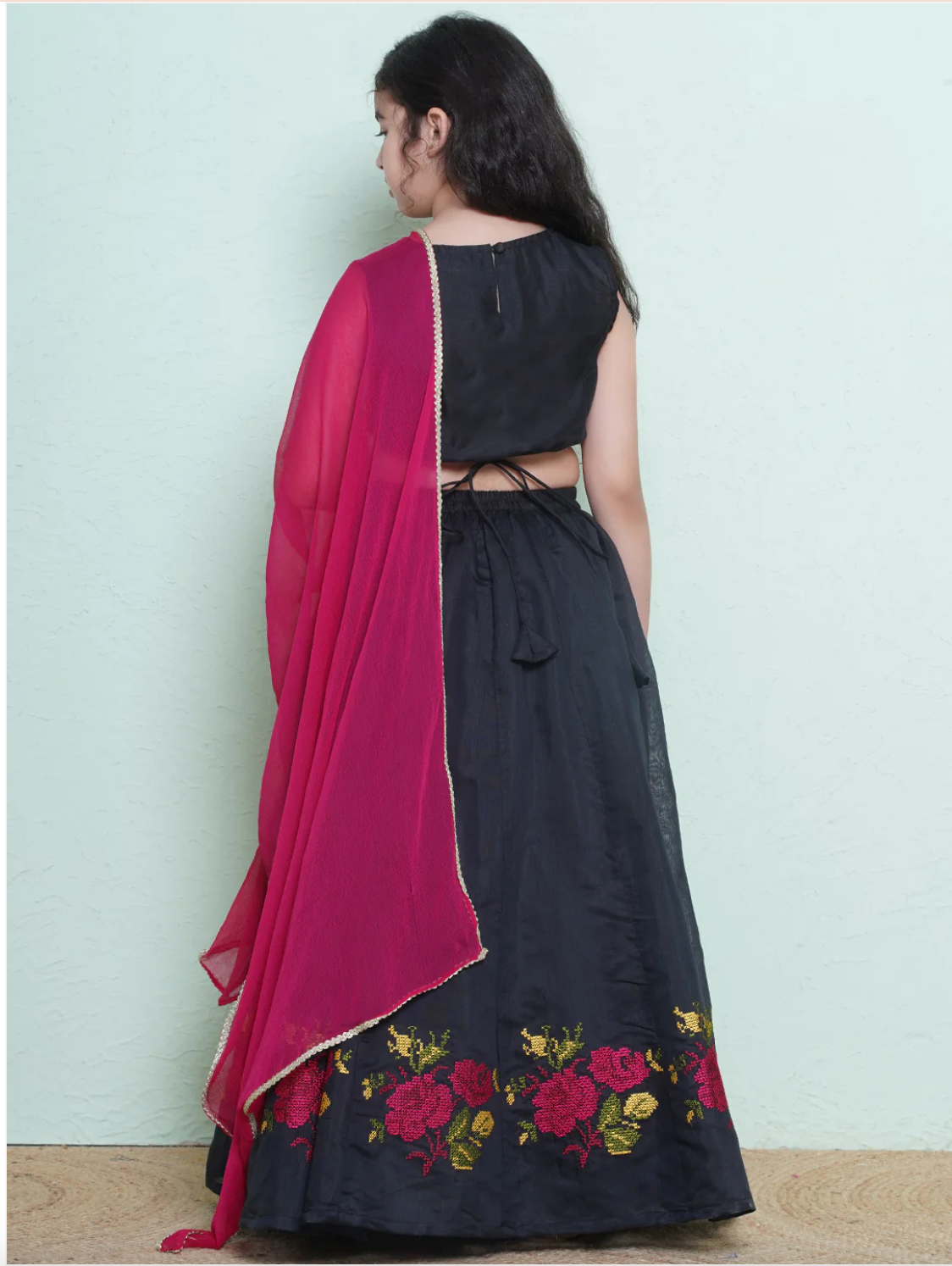 Girls Black & Pink Embroidered Lehenga Choli with Dupatta - Mitthu Kids Ethnic Wear