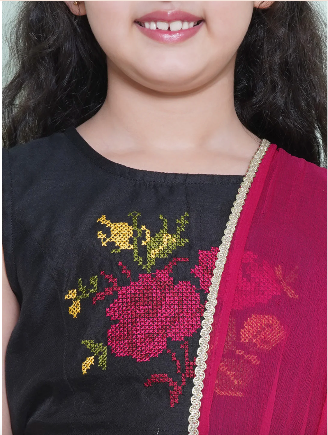 Girls Black & Pink Embroidered Lehenga Choli with Dupatta - Mitthu Kids Ethnic Wear