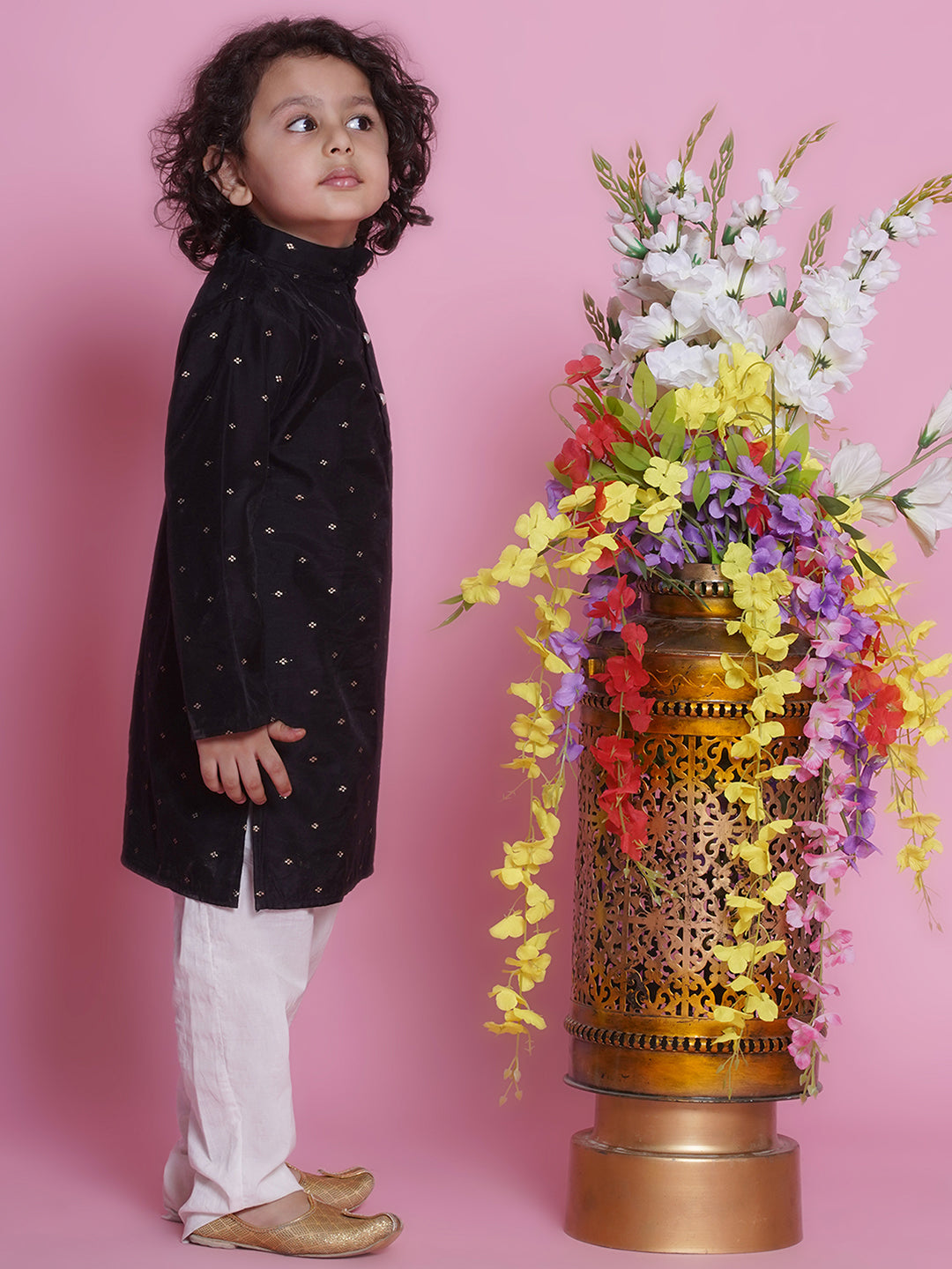 Elegant black silk kurta pajama for kids, perfect Indian outfit for Diwali, Eid, Dussehra, Puja and other festive celebrations in Canada.