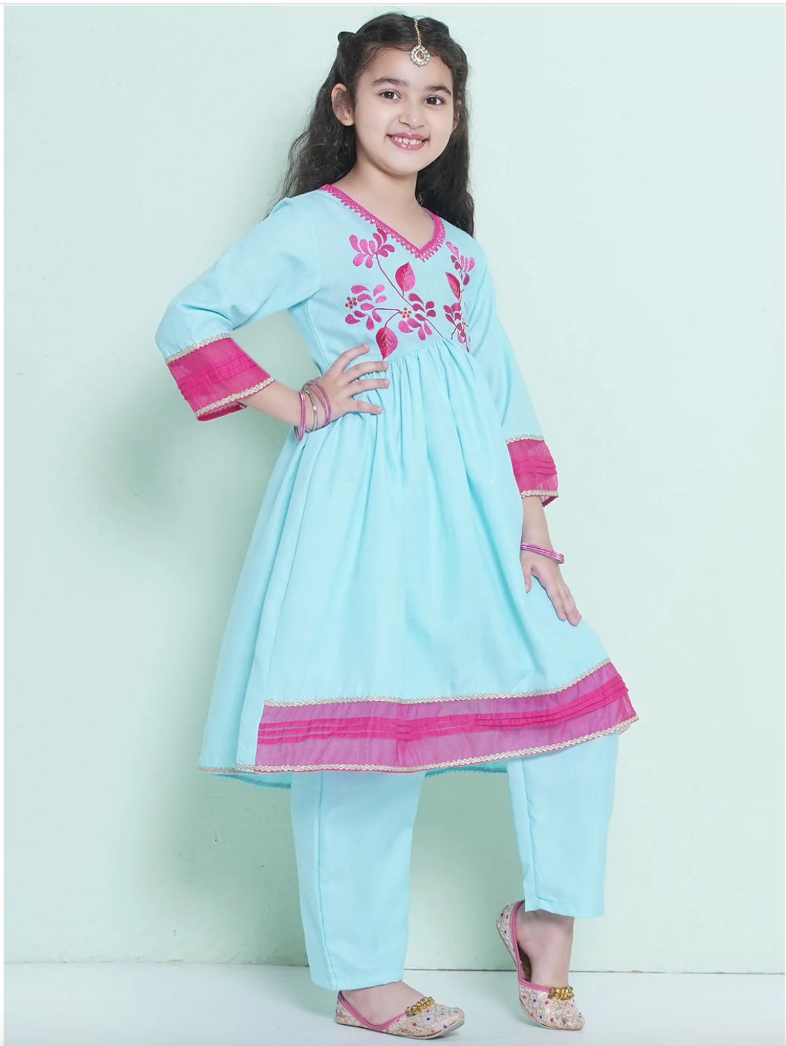 Girls Embroidered Kameez with Trousers & Dupatta - Pastel Blue - Mitthu Kids Ethnic Wear