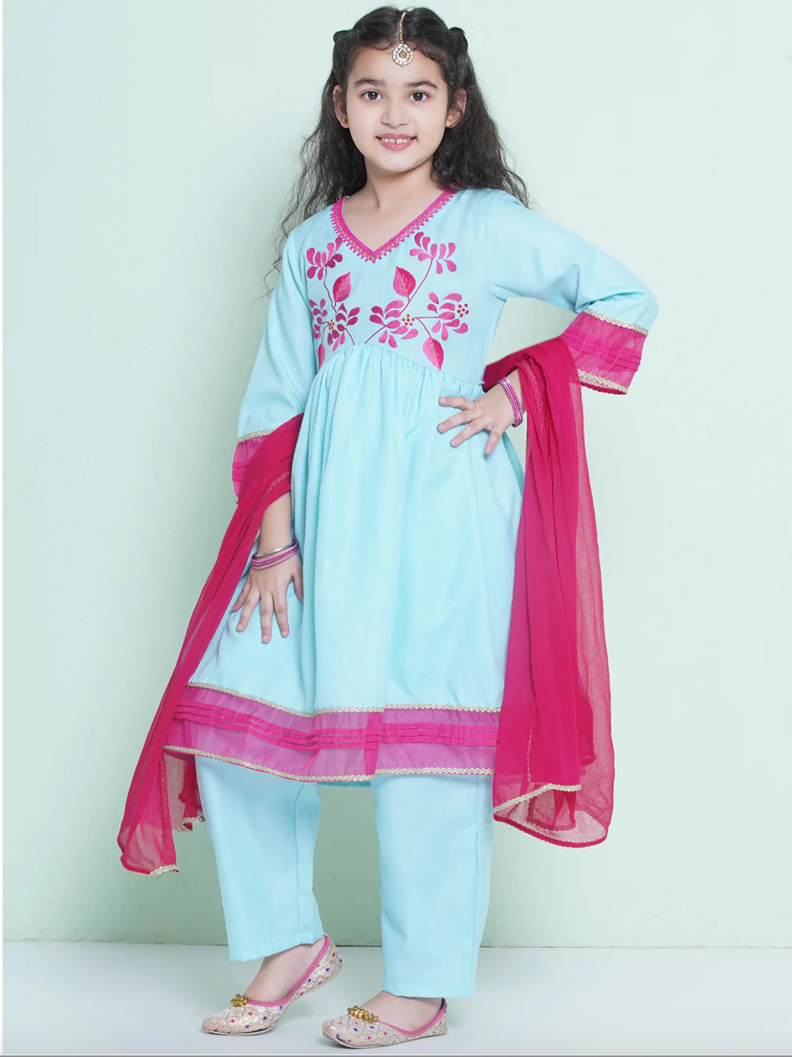 Girls Embroidered Kameez with Trousers & Dupatta - Pastel Blue - Mitthu Kids Ethnic Wear