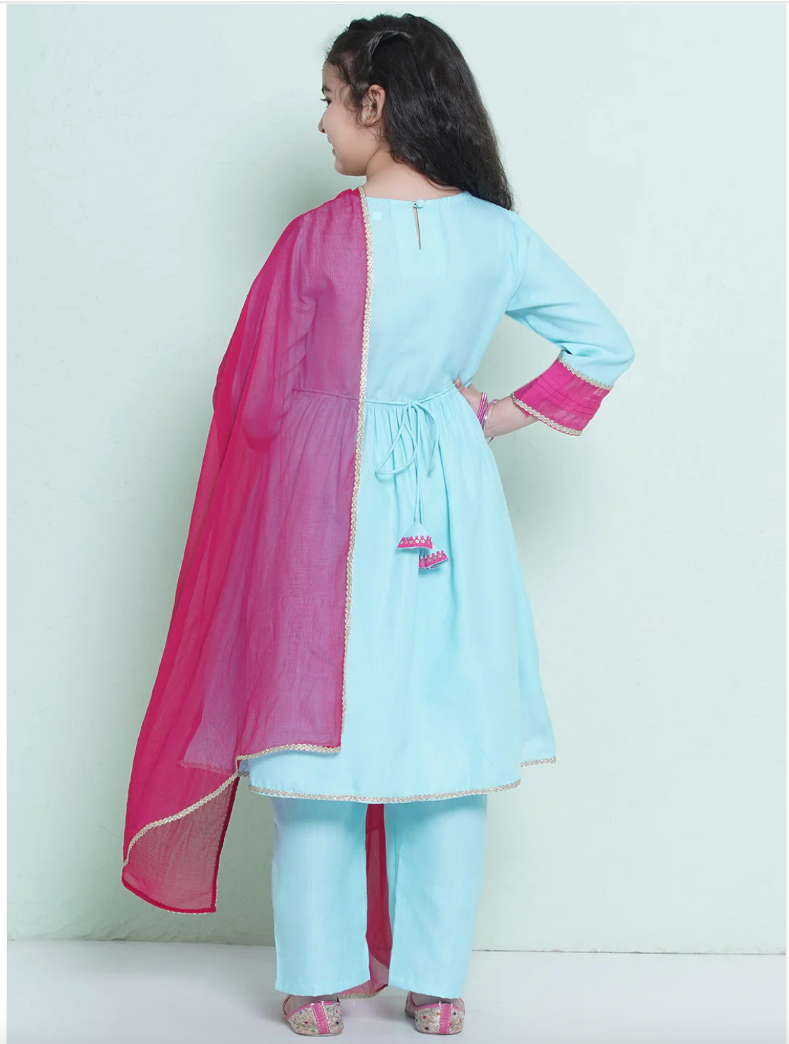 Girls Embroidered Kameez with Trousers & Dupatta - Pastel Blue - Mitthu Kids Ethnic Wear