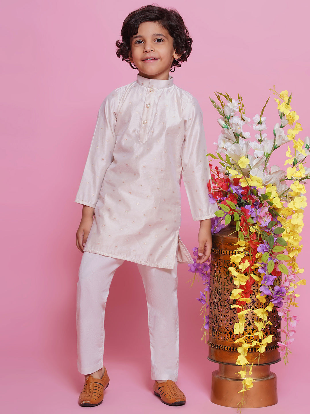 Kids ivory silk kurta pajama set, classic Indian ethnic wear perfect for weddings, receptions & family celebrations in Canada.