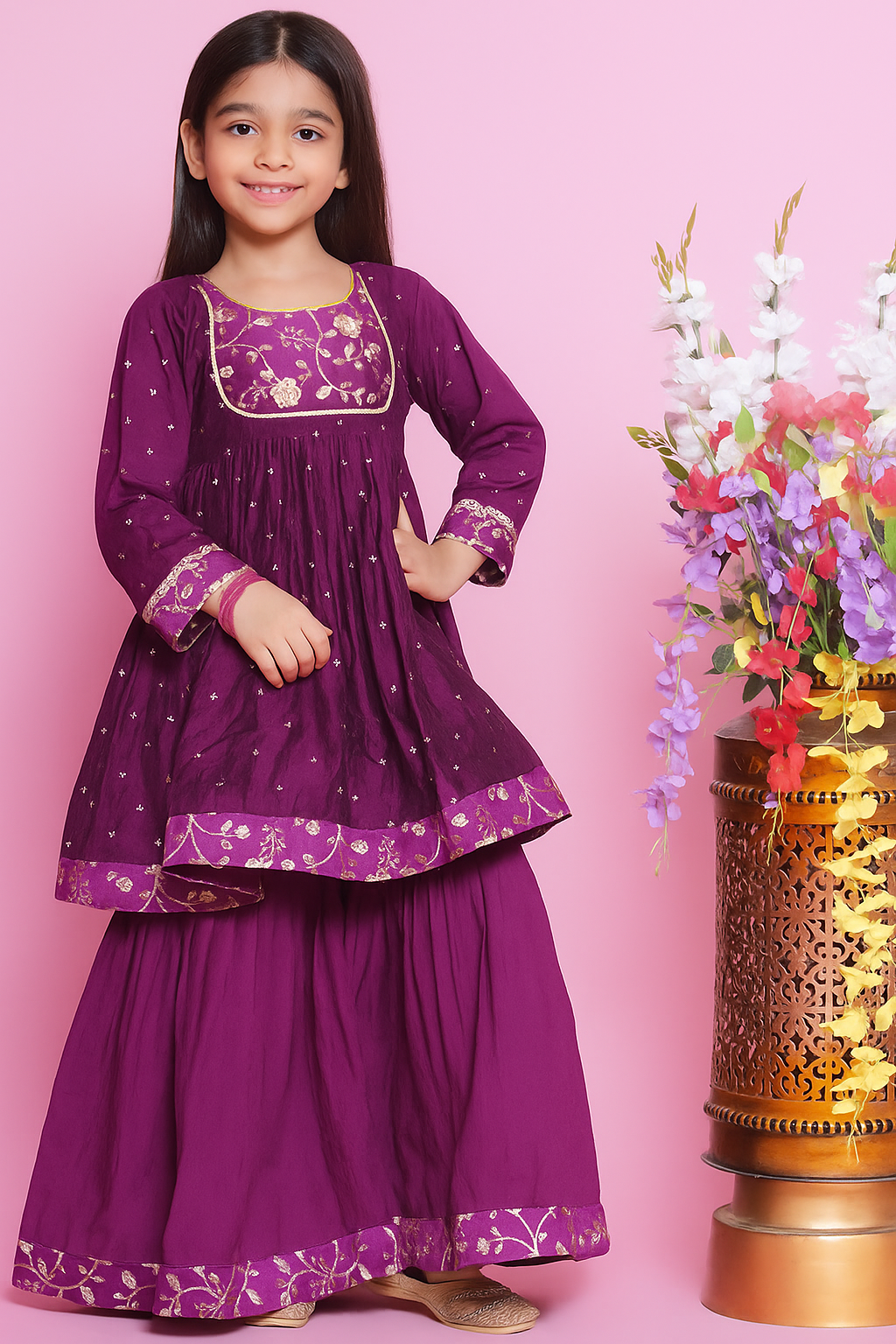 Girls Chanderi Sharara Set with Dupatta - Purple - Mitthu Kids Ethnic Wear