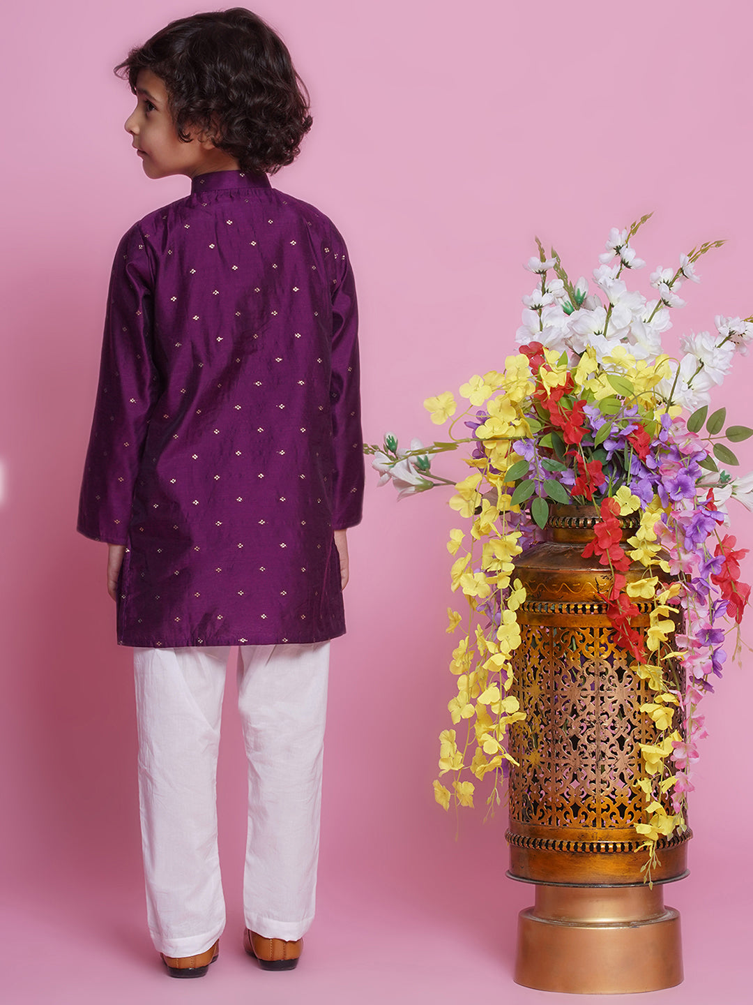 Purple Chanderi silk kurta with cotton pyjama for kids. Ideal ethnic wear for Diwali, Dussehra, Puja & Indian festivals in Canada.
