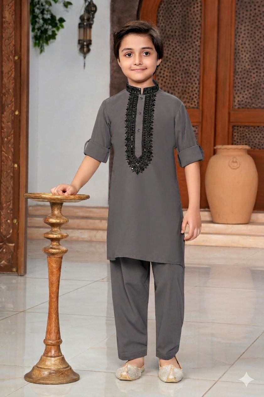 Boys Kurta Trouser Set- Charcoal Grey