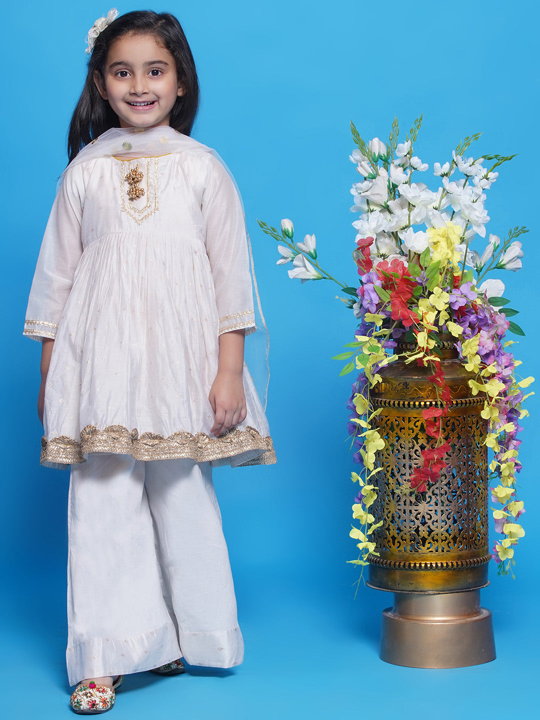 Festive kids creme silk kurti with embroidery. Shop for Diwali, puja, Hindu celebrations & weddings in Canada.