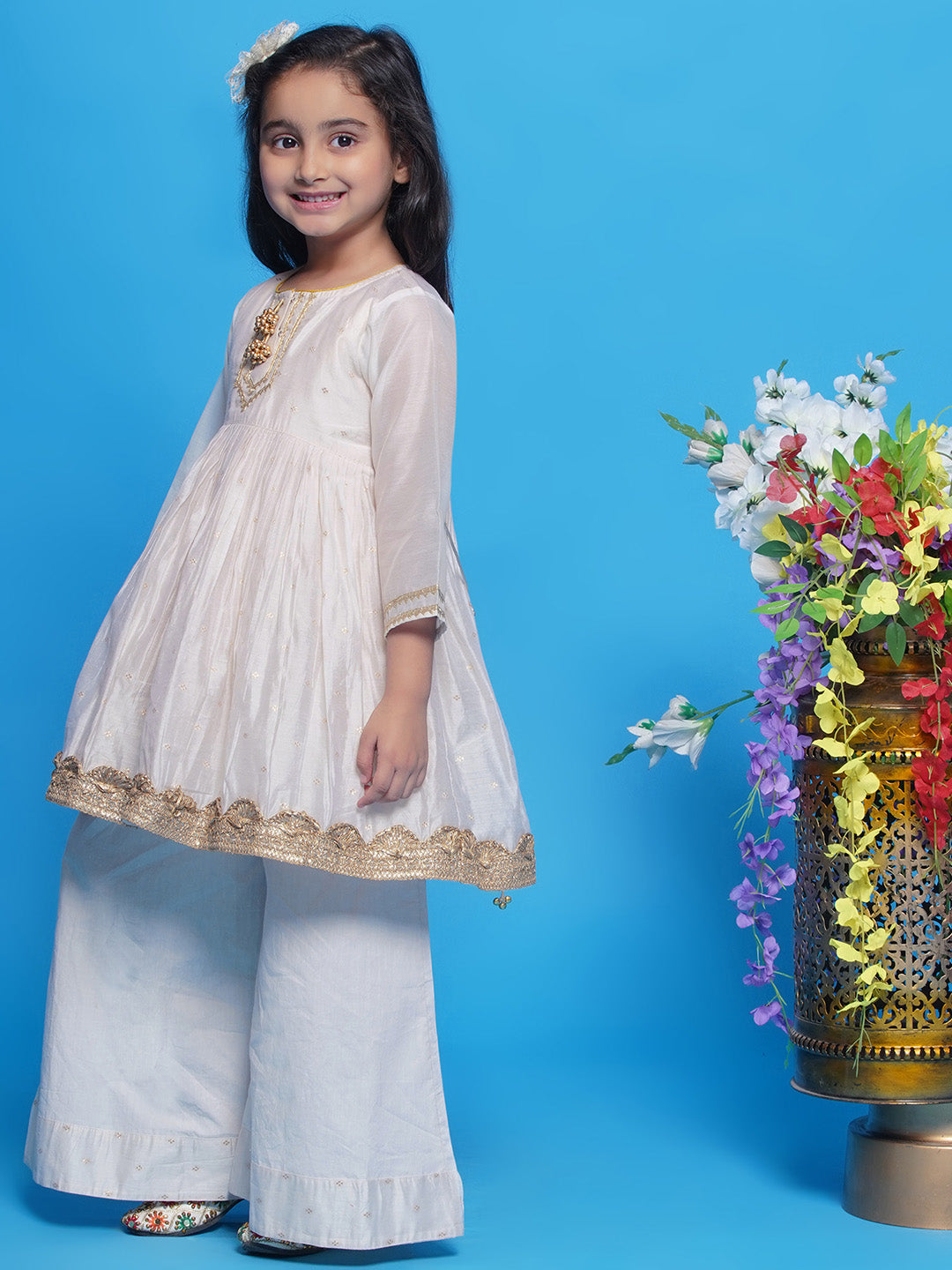 White & Gold kids silk dress. Celebrate Diwali, Navratri & Hindu festivals in Canada