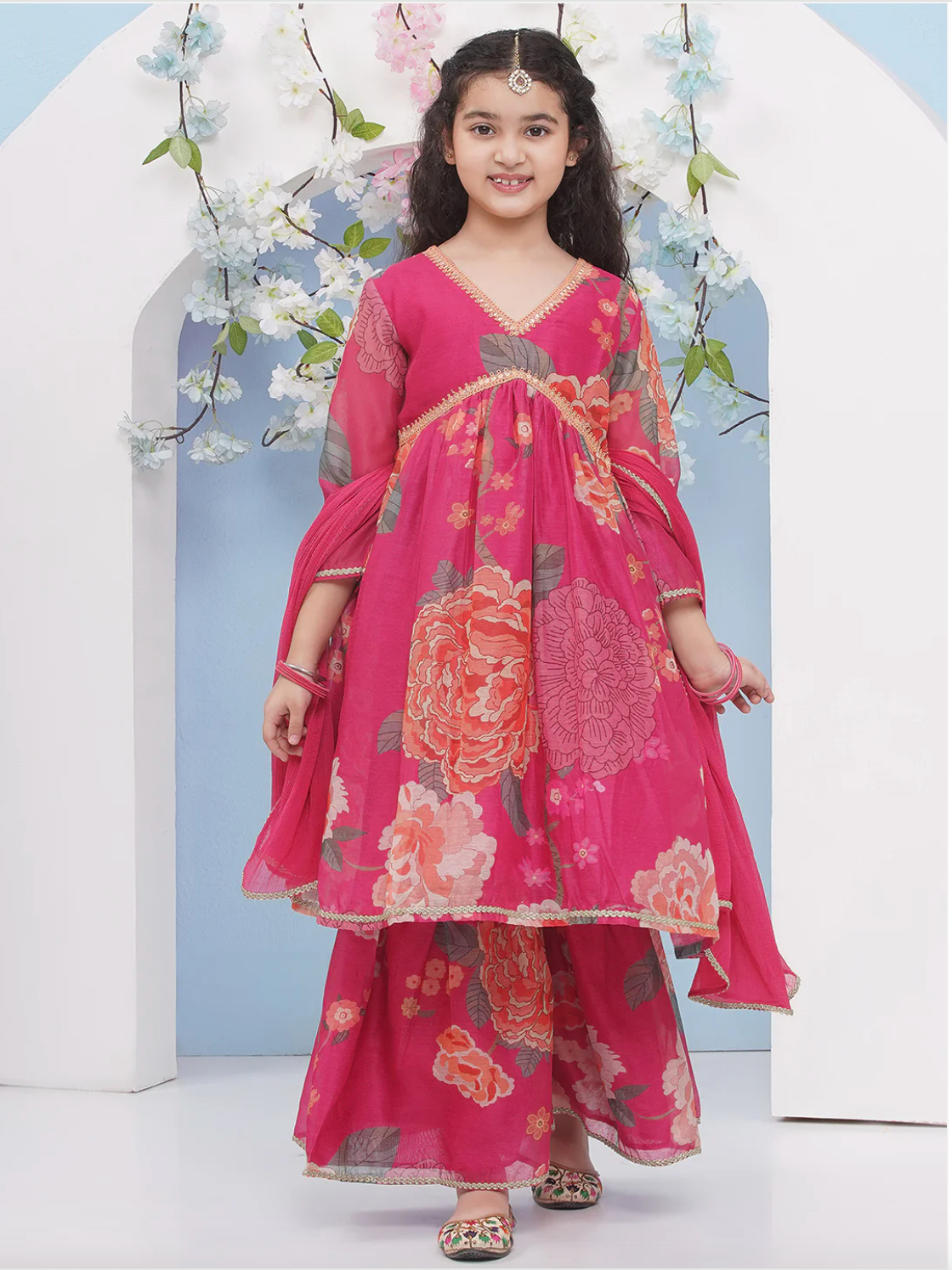 Girls Anarkali Kurti with Sharara & Dupatta, traditional Indian/Eastern outfit for weddings & festivals. Ships to Canada & US.