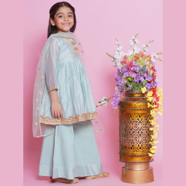 Girls Chanderi Cotton Three Fourth Sleeves Kurta Frock with Plazzo and Dupatta with Boota, Lace & Tussel work - Mitthu Kids Ethnic Wear