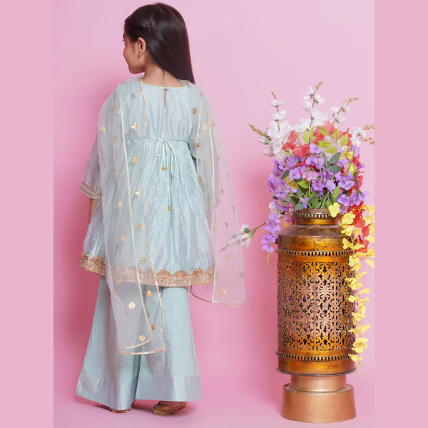 Girls Chanderi Cotton Three Fourth Sleeves Kurta Frock with Plazzo and Dupatta with Boota, Lace & Tussel work - Mitthu Kids Ethnic Wear