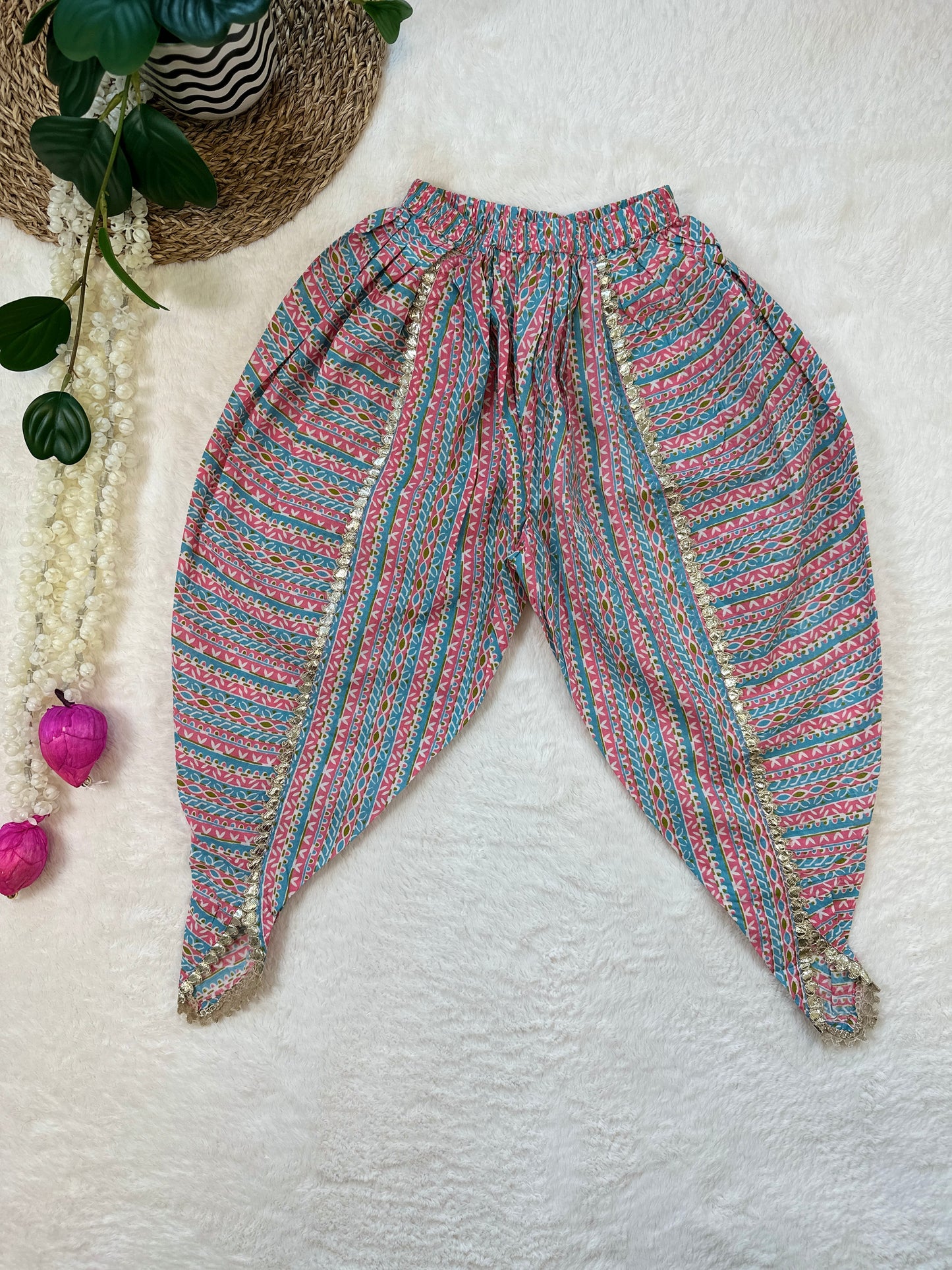 Jaipur Print Kurti with Dhoti Pants and Dupatta-Pink & Blue - Mitthu Kids Ethnic Wear