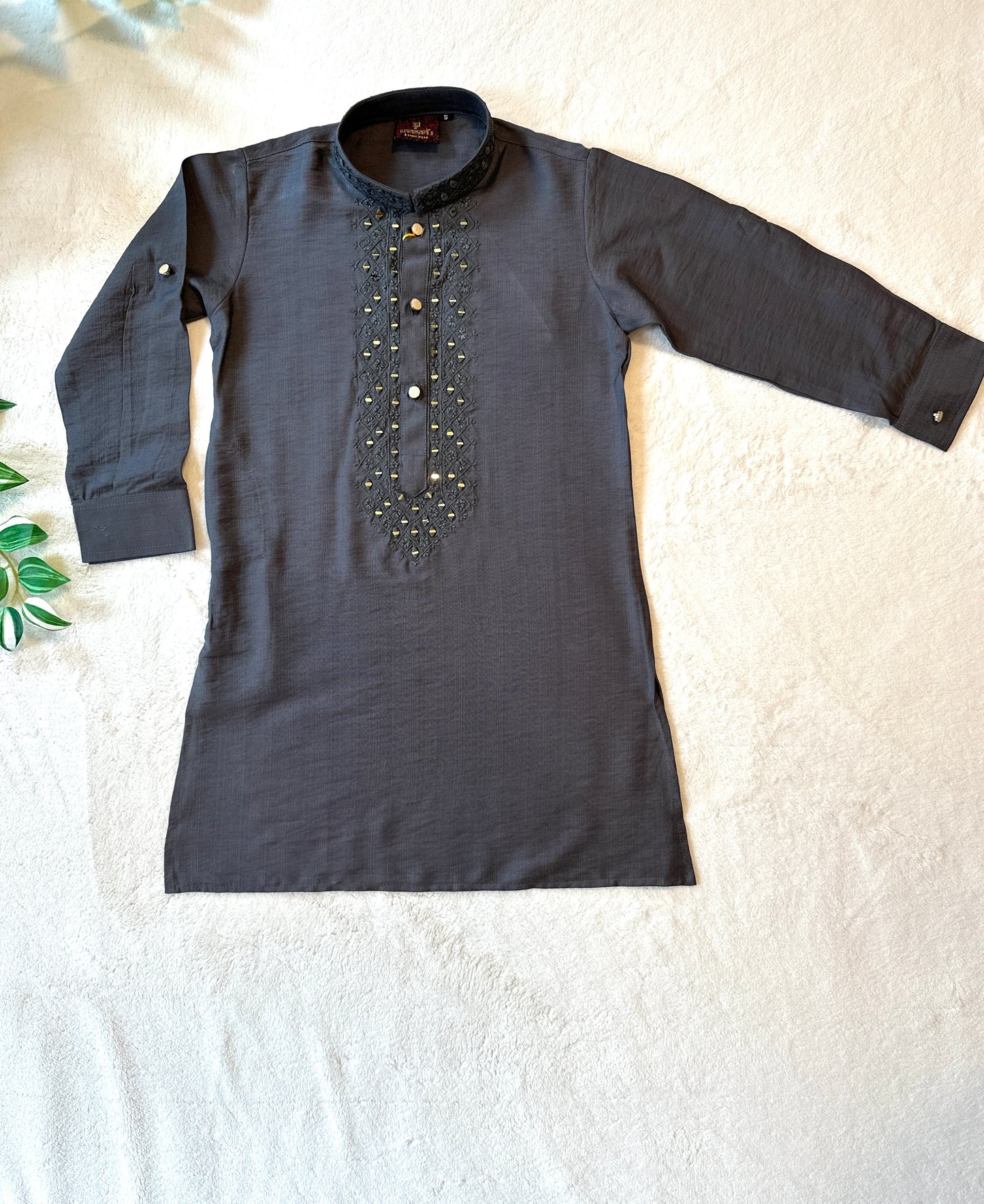 Boys Mirror Work Kurta Set- Steel Grey - Mitthu Kids Ethnic Wear