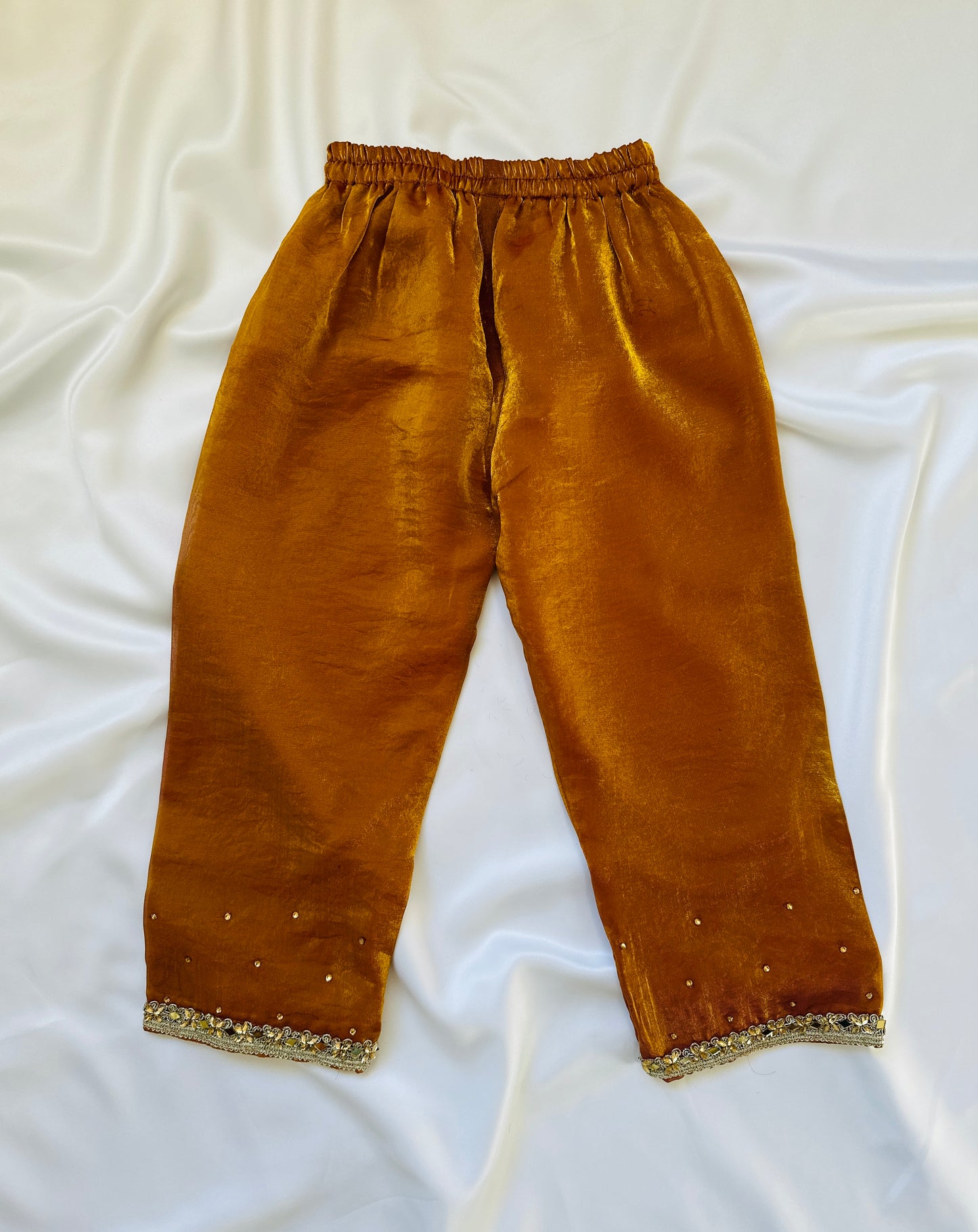 Girls Frock Style Kameez with Pants & Dupatta - Rust & Gold - Mitthu Kids Ethnic Wear