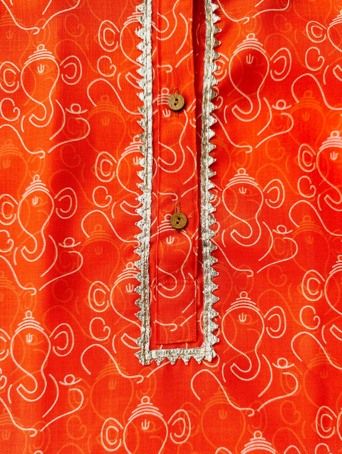 Boys Fancy Saffron Kurta & Pyjama - Ganesh Print - Infant - Mitthu Kids Ethnic Wear