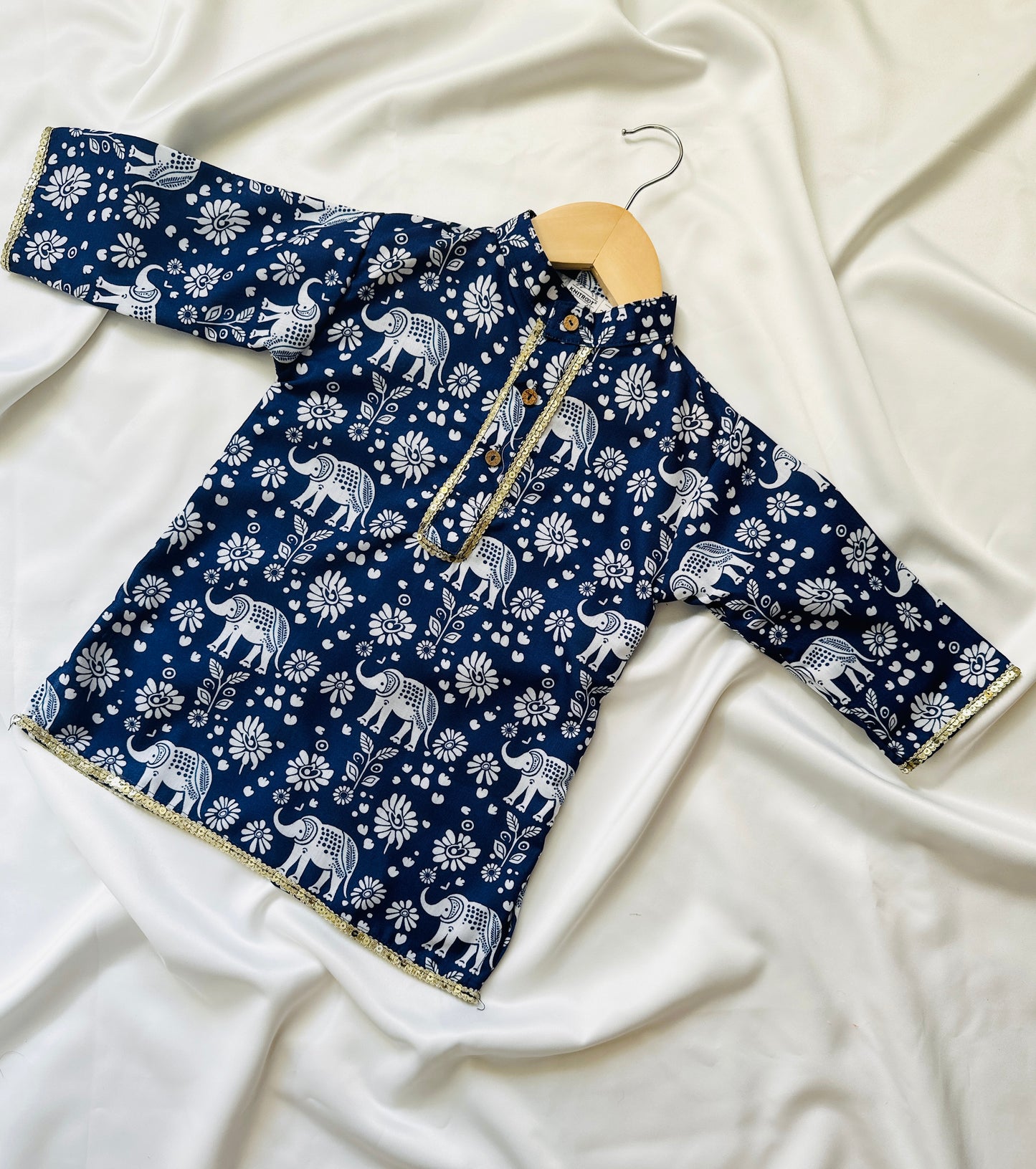 Boys Fancy Kurta & Pyjama - Blue Elephant Print - Mitthu Kids Ethnic Wear
