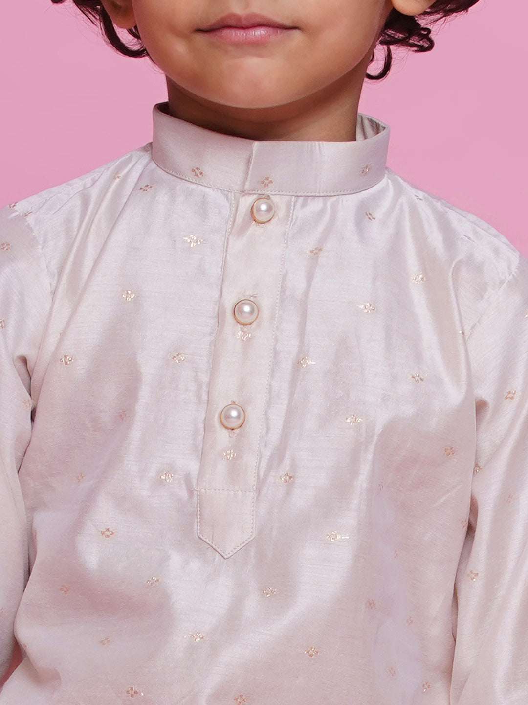 Kids ivory silk kurta pajama set, classic Indian ethnic wear perfect for weddings, receptions & family celebrations in Canada.