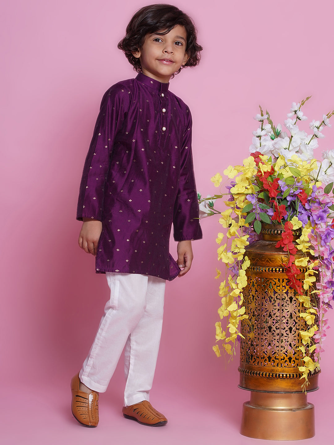Premium kids kurta set in Purple Plum Chanderi silk with cotton pyjama. Traditional Indian attire for parties, weddings & cultural events.