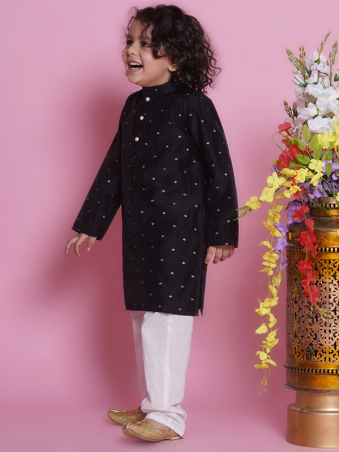 Premium kids black silk kurta pajama, traditional Indian clothing ideal for parties, cultural events, and special occasions in Canada.