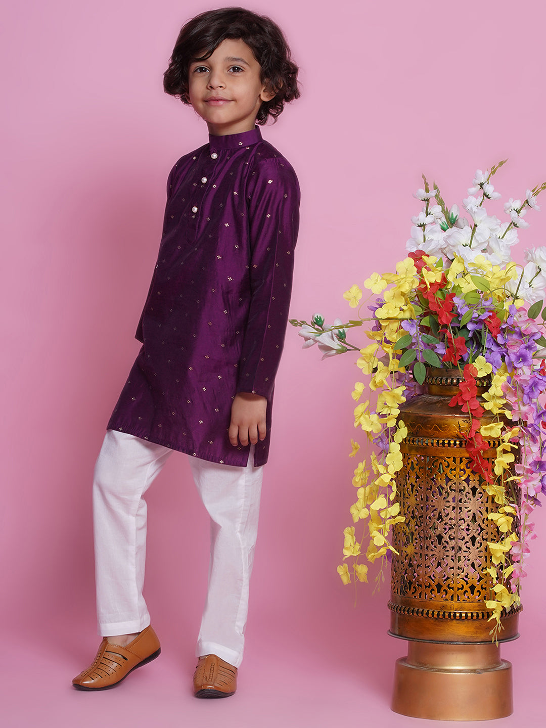 Premium kids kurta set in Purple Plum Chanderi silk with cotton pyjama. Traditional Indian attire for parties, weddings & cultural events.