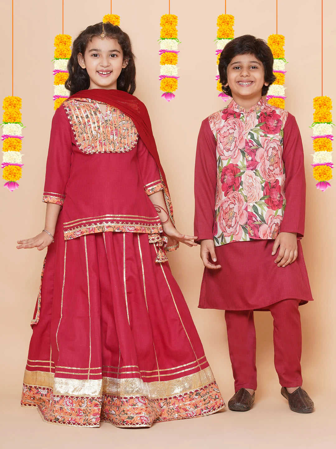Red lehenga choli with dupatta for girls, ages toddler to teen—traditional indian design perfect for weddings & festivals.