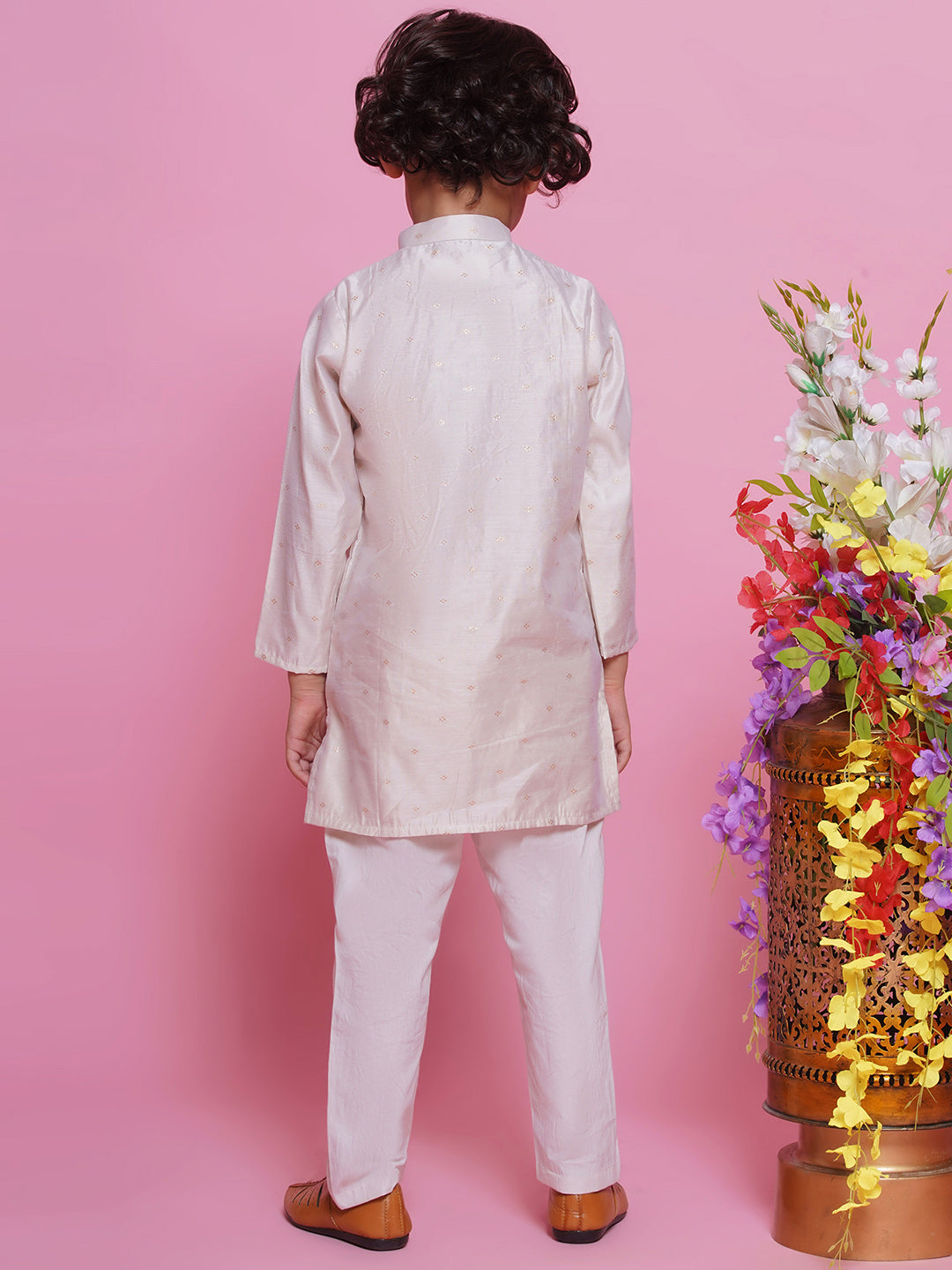 Elegant ivory silk kurta pajama for kids, ideal Indian outfit for Diwali, Eid, Puja, Dussehra & festive occasions in Canada.