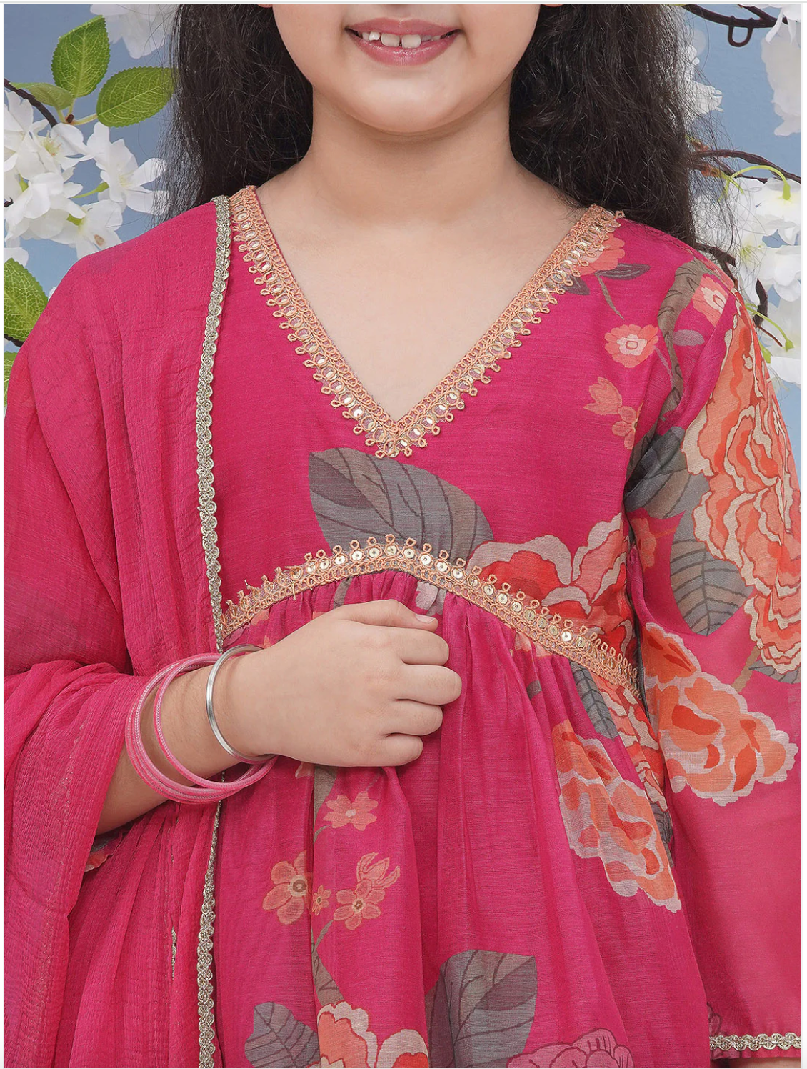 Girls Rani Pink Anarkali Style Kameez with Sharara and Dupatta - Mitthu Kids Ethnic Wear