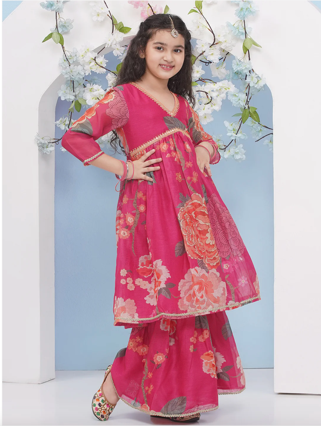 Girls Rani Pink Anarkali Style Kameez with Sharara and Dupatta - Mitthu Kids Ethnic Wear