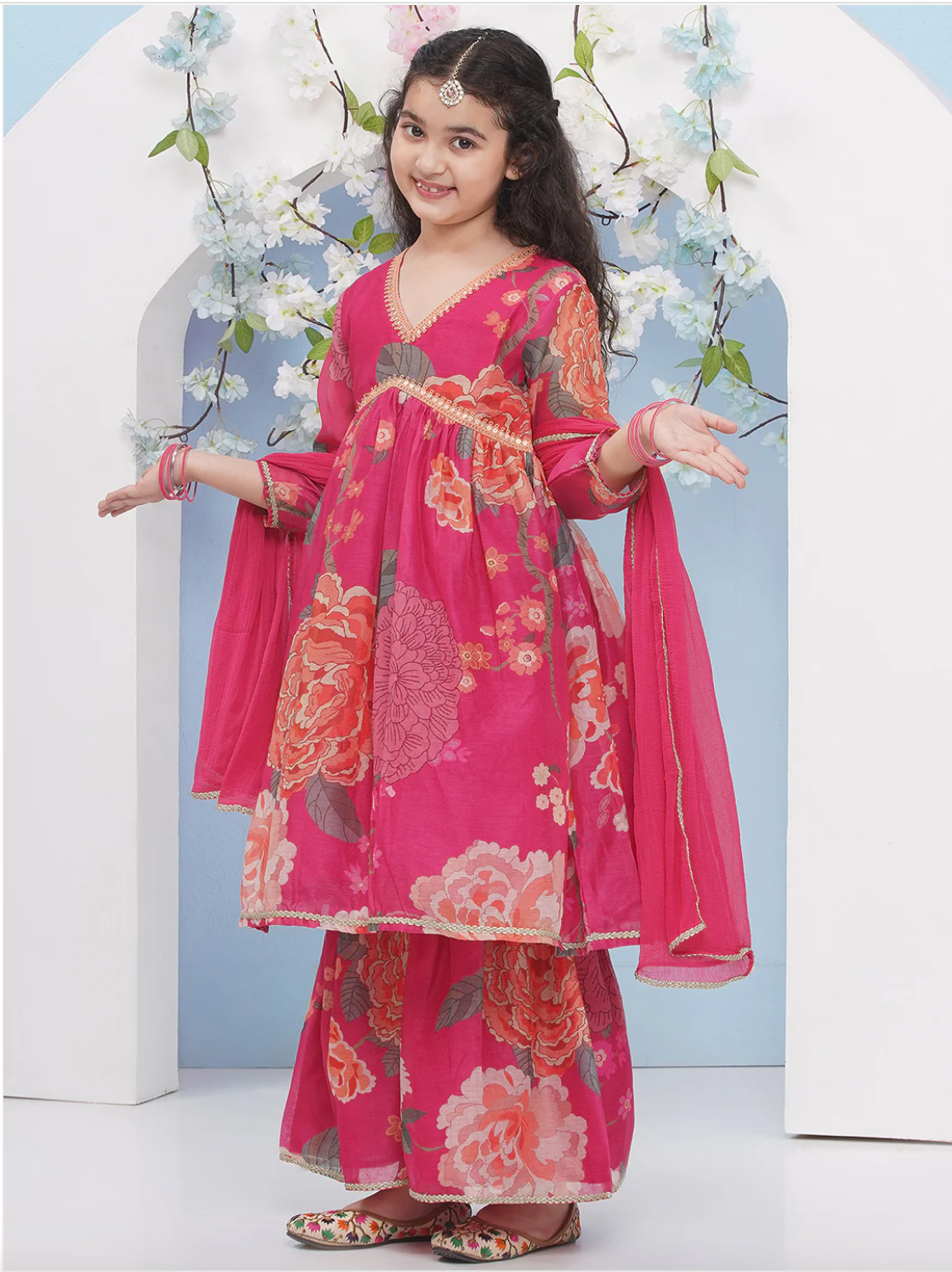 Girls Rani Pink Anarkali Style Kameez with Sharara and Dupatta - Mitthu Kids Ethnic Wear