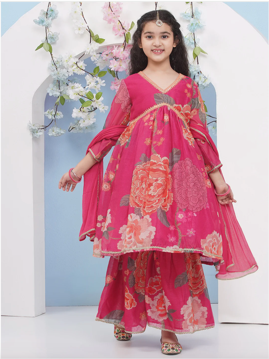 Girls Rani Pink Anarkali Style Kameez with Sharara and Dupatta - Mitthu Kids Ethnic Wear