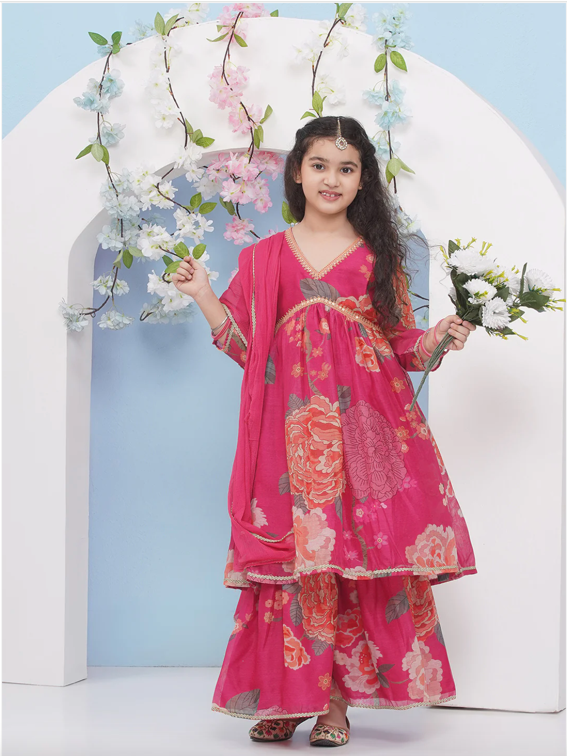 Girls Rani Pink Anarkali Style Kameez with Sharara and Dupatta - Mitthu Kids Ethnic Wear