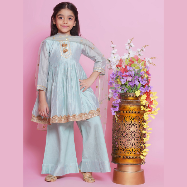 Girls Chanderi Cotton Three Fourth Sleeves Kurta Frock with Plazzo and Dupatta with Boota, Lace & Tussel work - Mitthu Kids Ethnic Wear