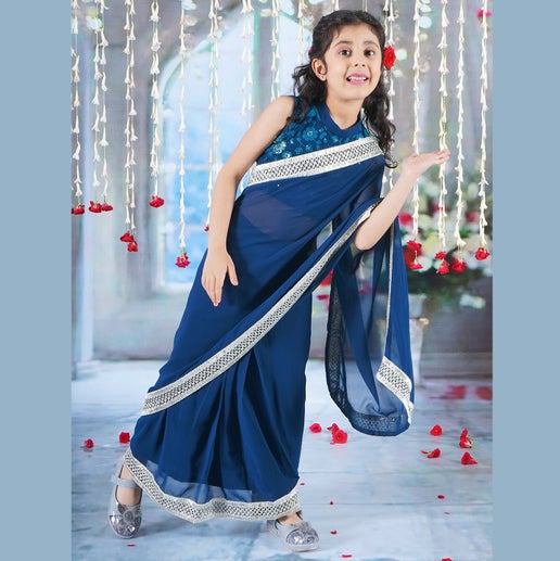 Girls Ready to Wear Georgette Saree with Embroidered Blouse - Blue - Mitthu Kids Ethnic Wear