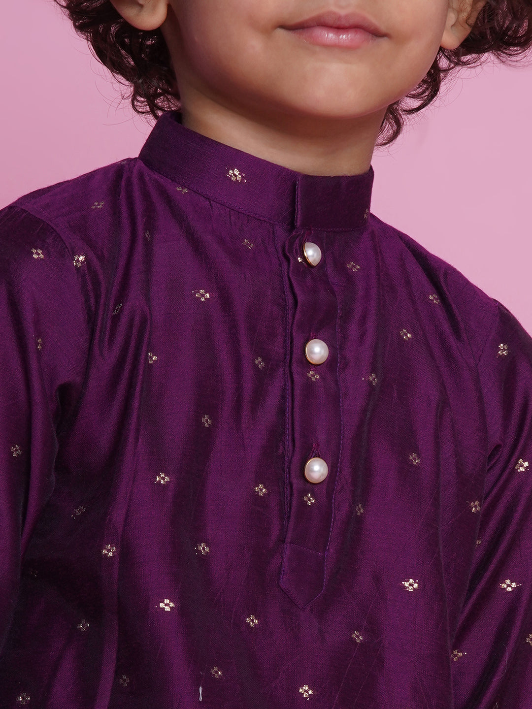 Kids Purple Plum Chanderi silk kurta with cotton pyjama, classic Indian outfit for weddings, receptions & festive occasions in Canada.