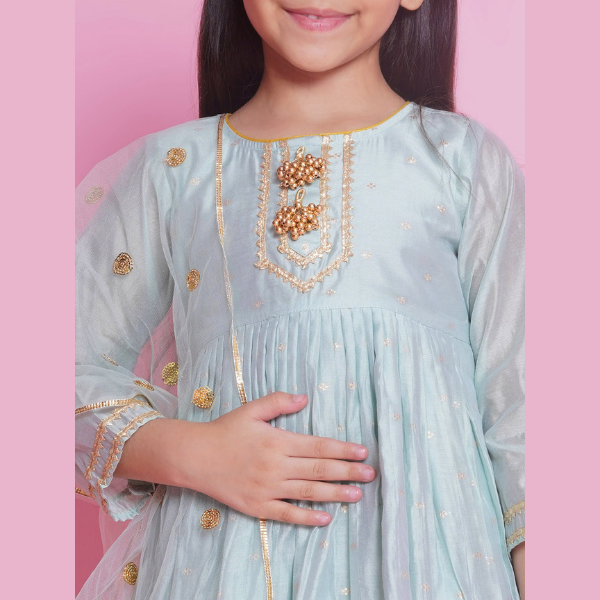 Girls Chanderi Cotton Three Fourth Sleeves Kurta Frock with Plazzo and Dupatta with Boota, Lace & Tussel work - Mitthu Kids Ethnic Wear