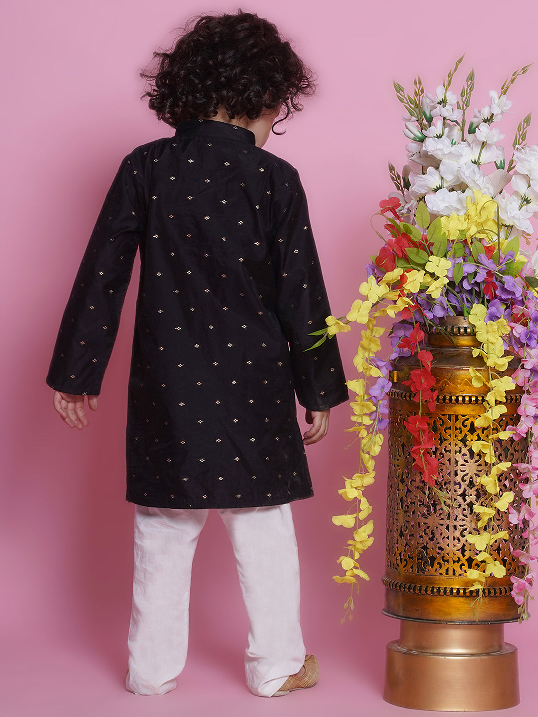 Premium kids black silk kurta pajama, traditional Indian clothing for parties, cultural events & special occasions in Canada.