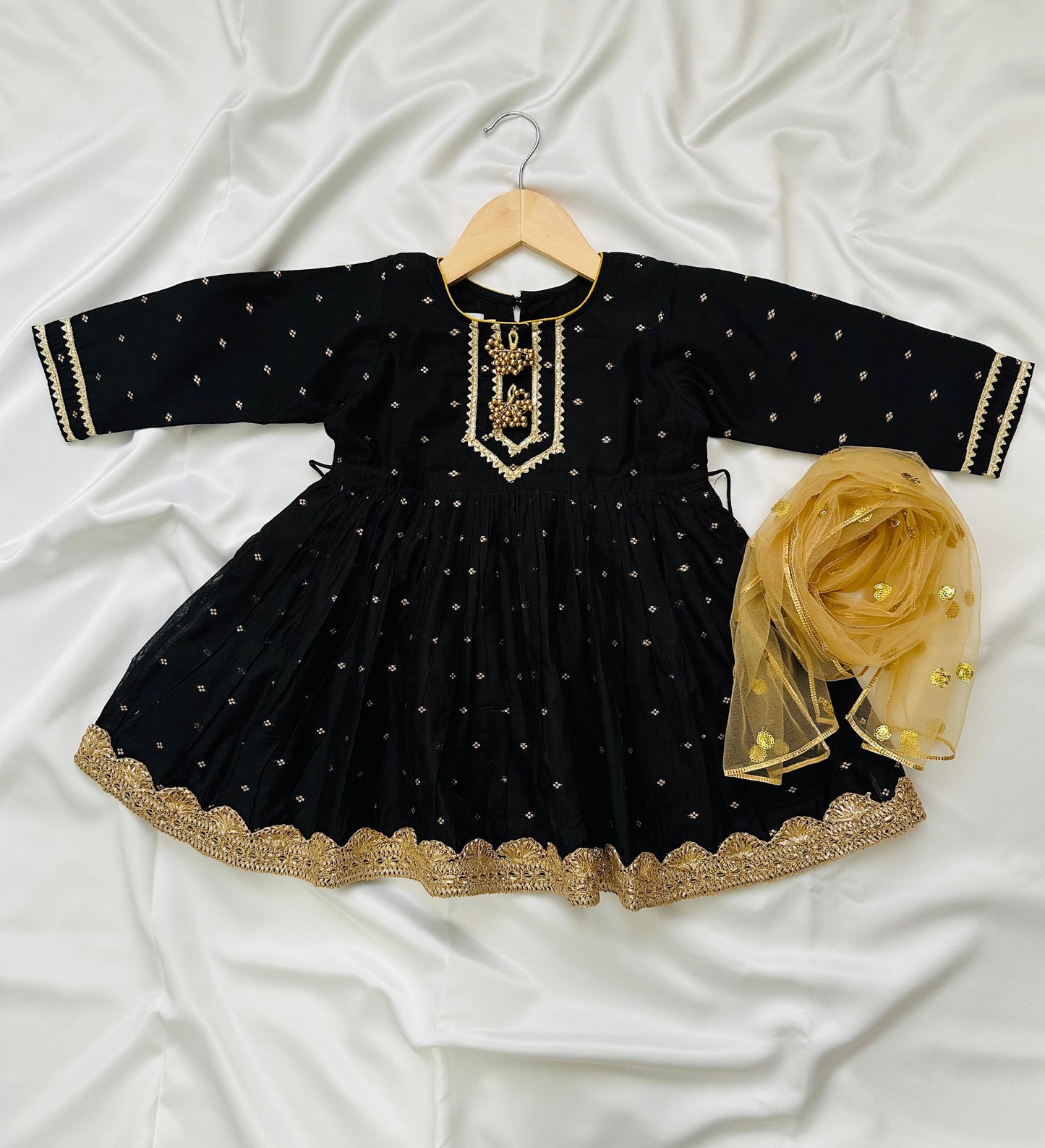 Girls Chanderi Silk Frock Style Kameez with Plazzo & Dupatta - Black & Gold - Mitthu Kids Ethnic Wear