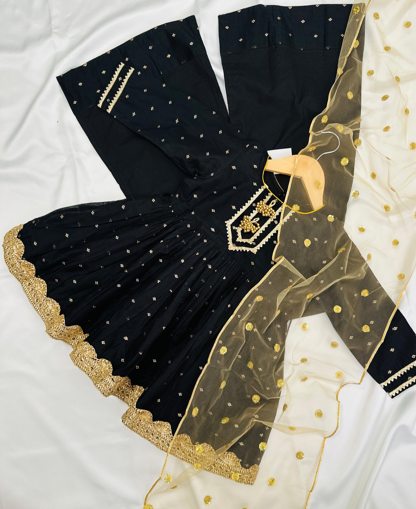 Girls Chanderi Silk Frock Style Kameez with Plazzo & Dupatta - Black & Gold - Mitthu Kids Ethnic Wear