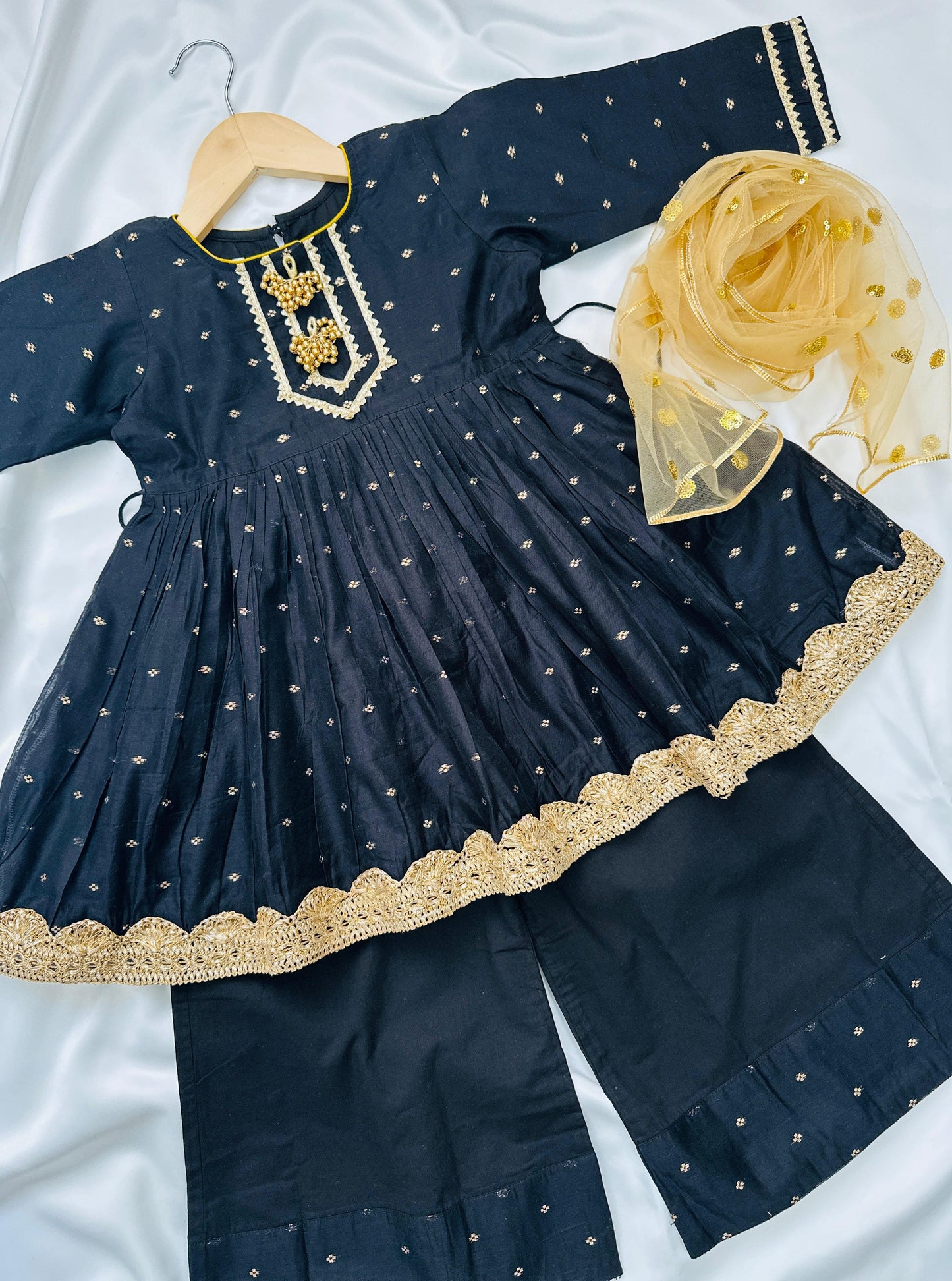 Girls Chanderi Silk Frock Style Kameez with Plazzo & Dupatta - Black & Gold - Mitthu Kids Ethnic Wear