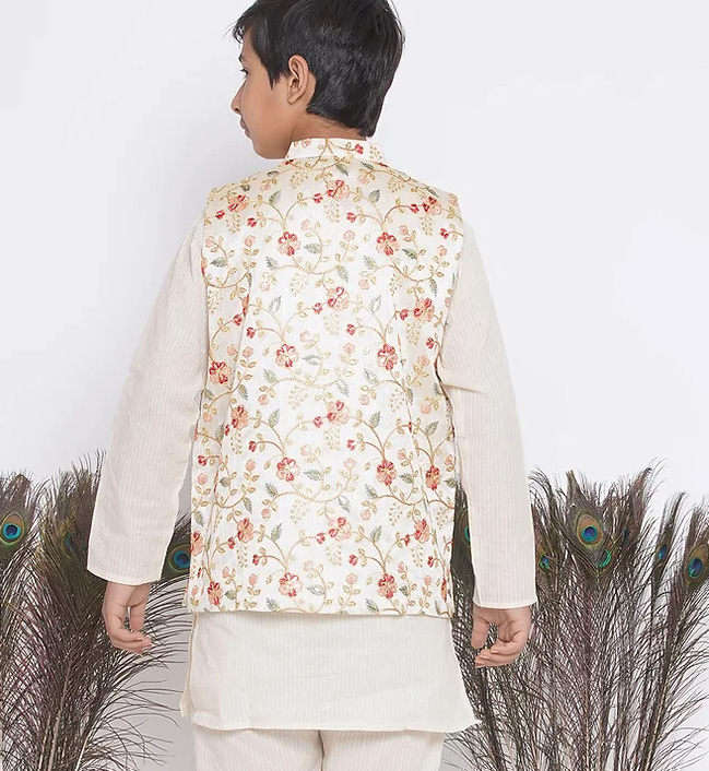 Banarsi Floral Jacket Kurta Pyjama - Mitthu Kids Ethnic Wear