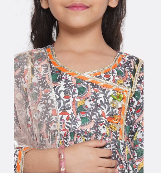 Bird Print Angrakha with Sharara & Dupatta with Ghungroo work - Peach - Mitthu Kids Ethnic Wear