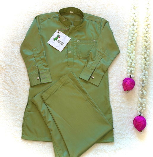 Olive Kurta Pyjama - Mitthu Kids Ethnic Wear