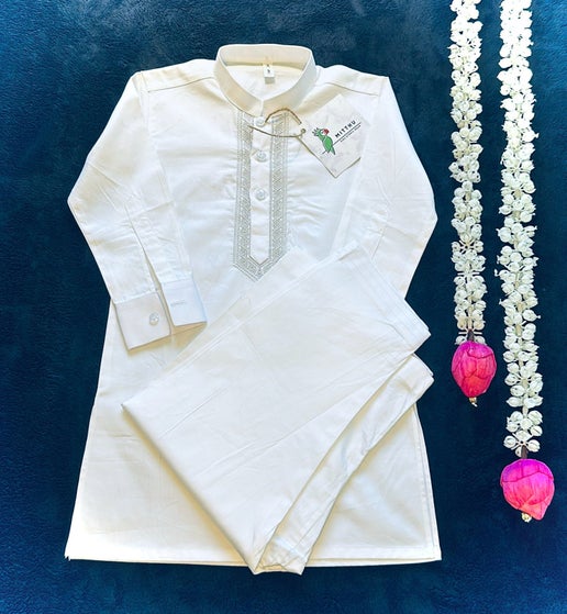 White Kurta Pyjama - Mitthu Kids Ethnic Wear