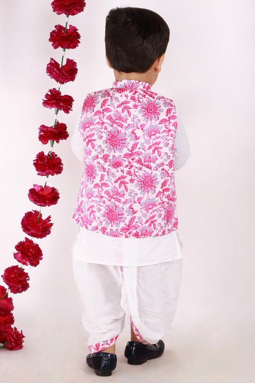 Kurta Dhoti With Pink Jacket - Mitthu Kids Ethnic Wear