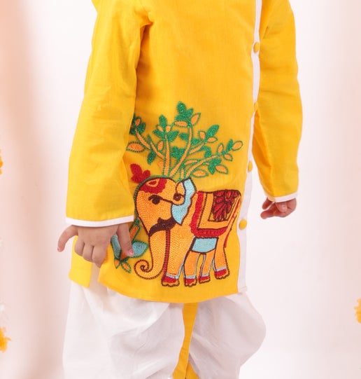 Elephant Print Kurta Dhoti - Mitthu Kids Ethnic Wear
