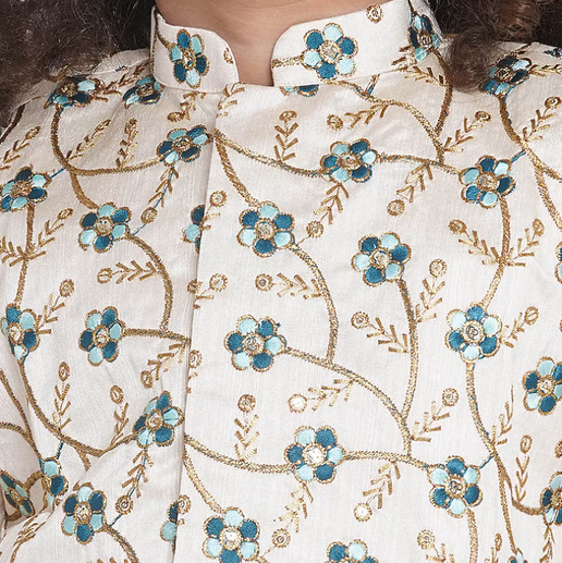 Banarsi Floral Embroidery Jacket with Cotton Kantha kurta and Kantha Dhoti - Mitthu Kids Ethnic Wear