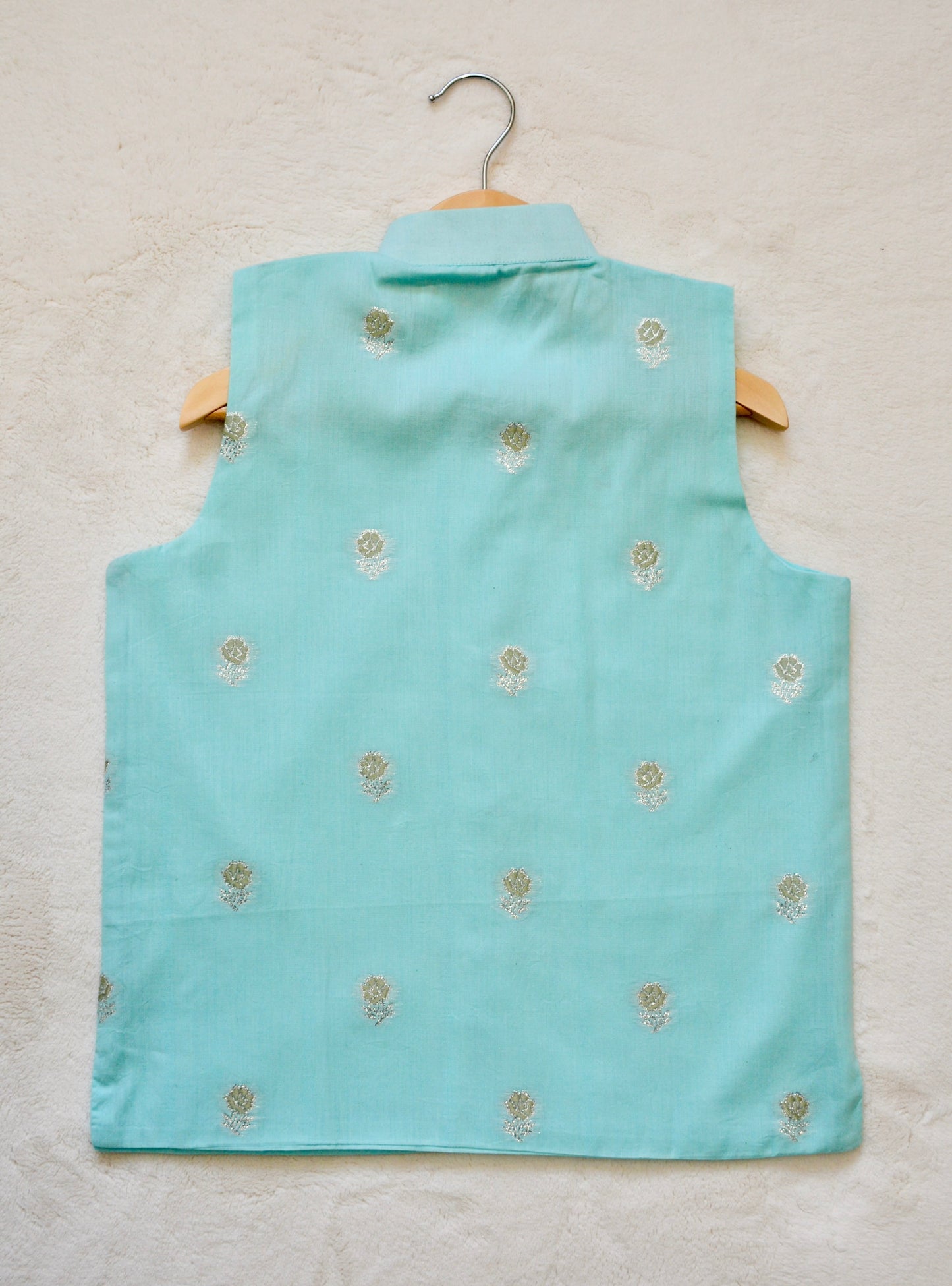 Cotton Nehru Jacket/Waistcoat - Light Blue & Silver - Mitthu Kids Ethnic Wear