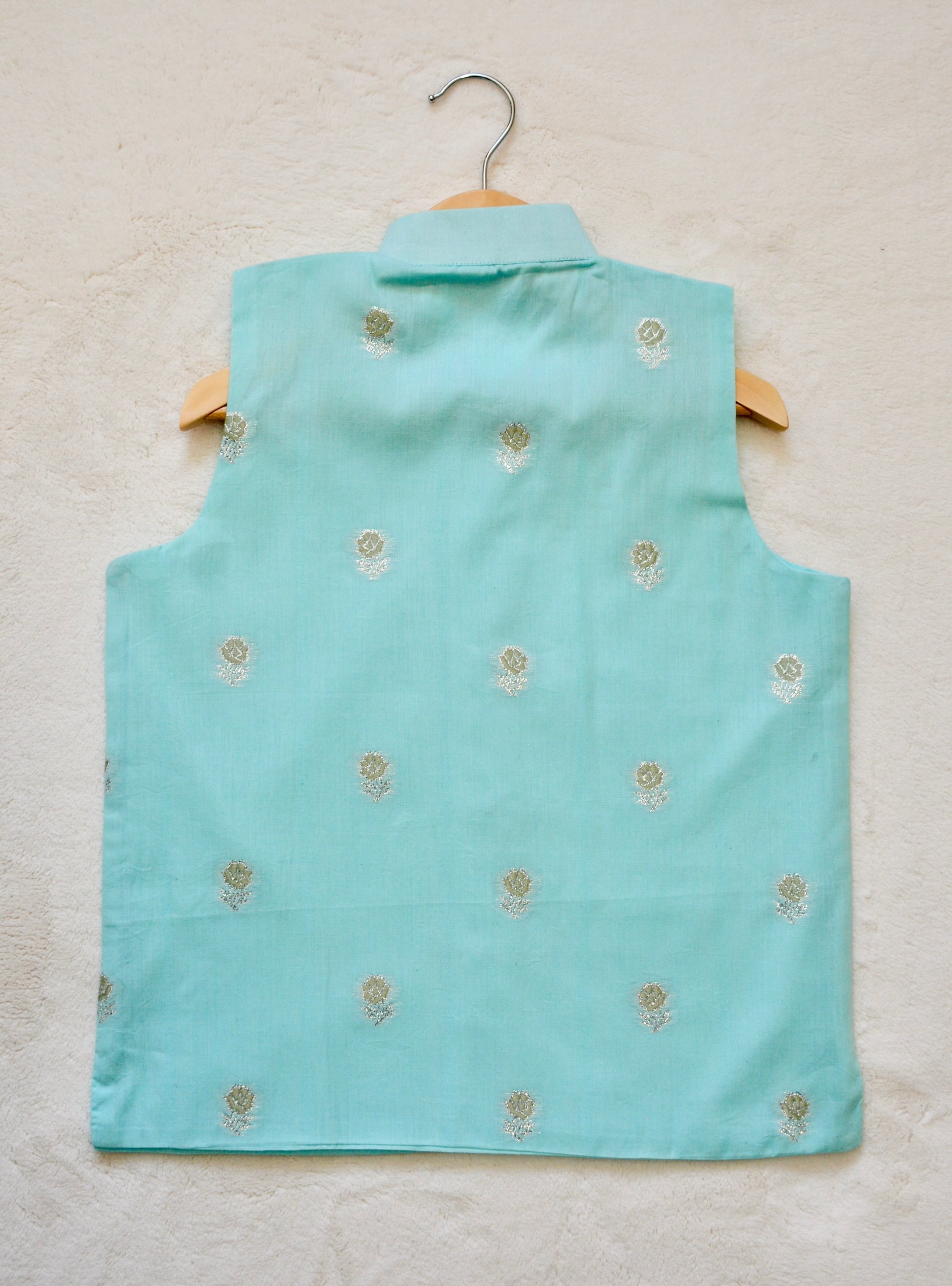 Cotton Nehru Jacket/Waistcoat - Light Blue & Silver - Mitthu Kids Ethnic Wear